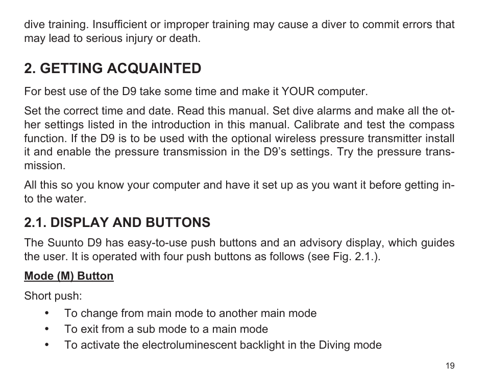 Getting acquainted, Display and buttons | SUUNTO D9 User Manual | Page 21 / 122