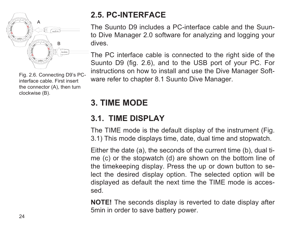 Time mode, Pc-interface, Time display | SUUNTO D9 User Manual | Page 26 / 122