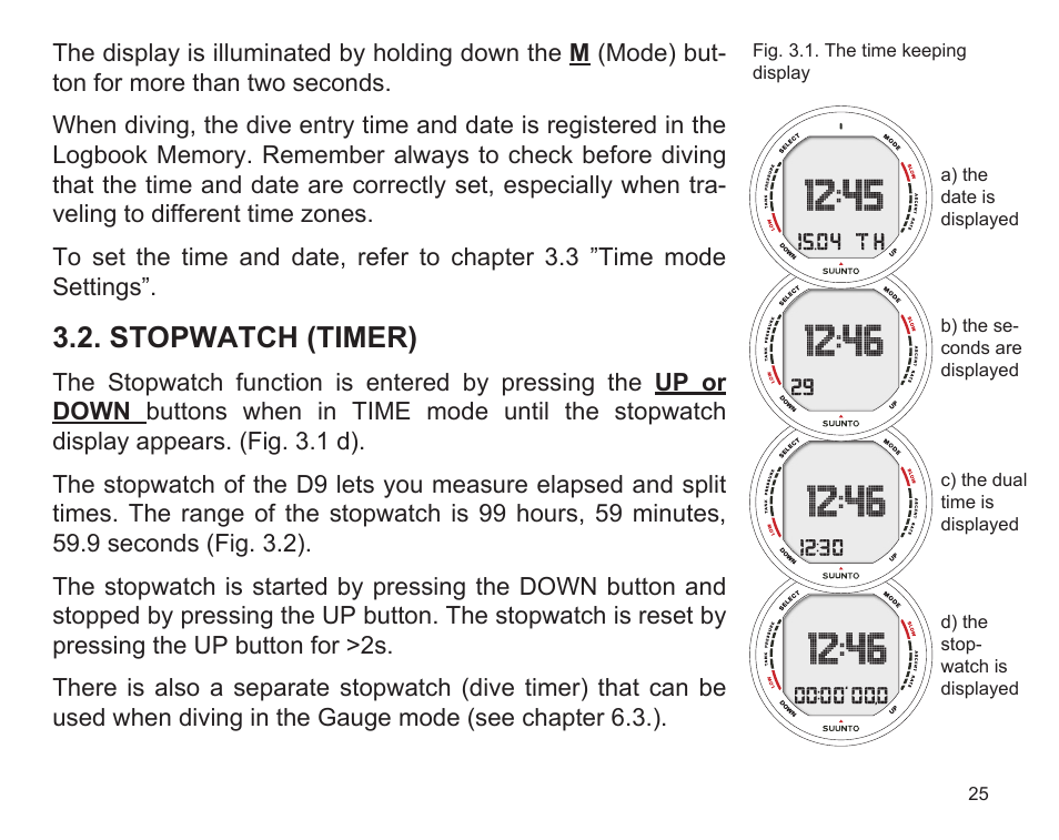 Stopwatch (timer) | SUUNTO D9 User Manual | Page 27 / 122