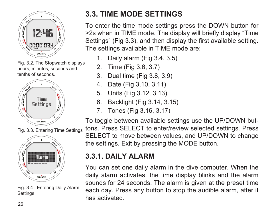 Time mode settings, Daily alarm | SUUNTO D9 User Manual | Page 28 / 122