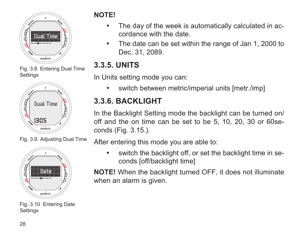 Units, Backlight | SUUNTO D9 User Manual | Page 30 / 122