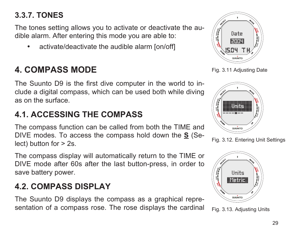 Compass mode, Accessing the compass, Compass display | Tones | SUUNTO D9 User Manual | Page 31 / 122