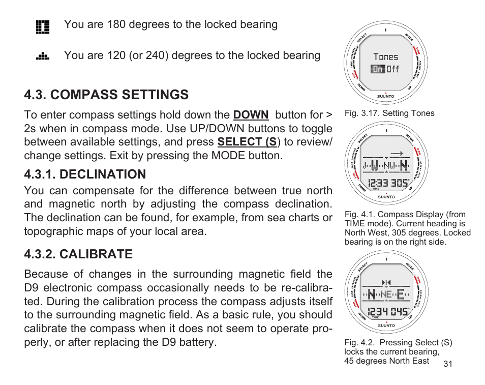 Compass settings, Declination, Calibrate | SUUNTO D9 User Manual | Page 33 / 122