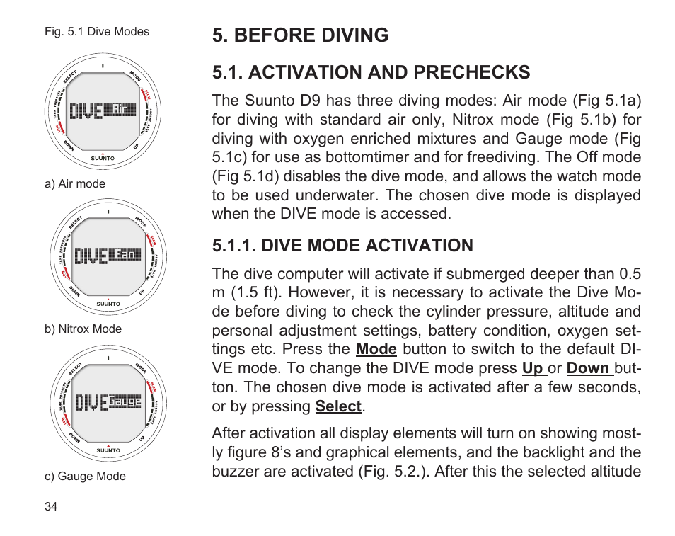 Before diving, Activation and prechecks, Dive mode activation | SUUNTO D9 User Manual | Page 36 / 122