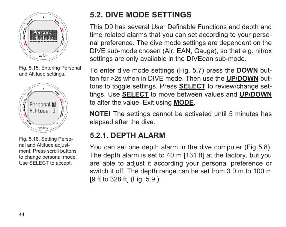 Dive mode settings, Depth alarm | SUUNTO D9 User Manual | Page 46 / 122