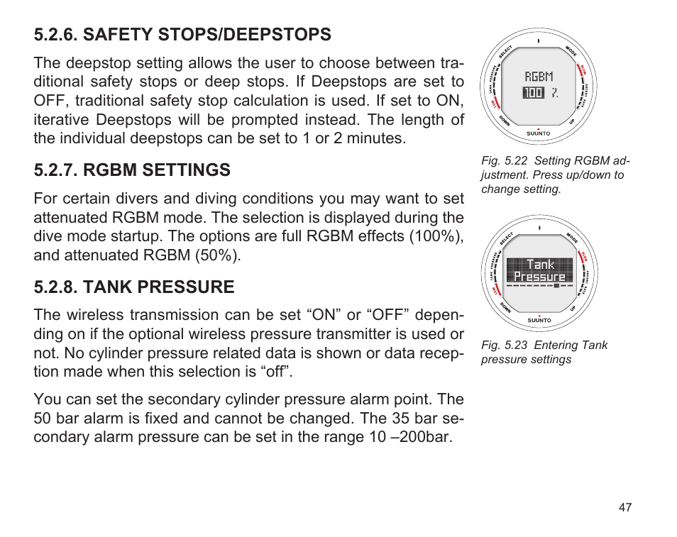 Safety stops/deepstops, Rgbm settings, Tank pressure | SUUNTO D9 User Manual | Page 49 / 122