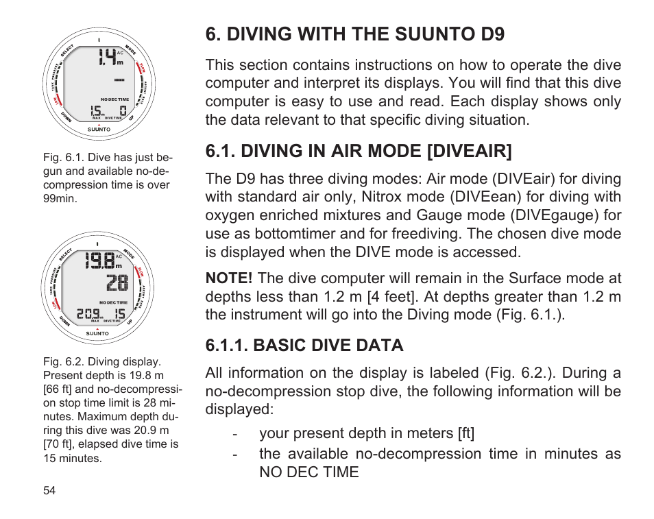 Diving with the suunto d9, Diving in air mode [diveair | SUUNTO D9 User Manual | Page 56 / 122