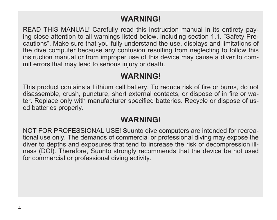 Warning | SUUNTO D9 User Manual | Page 6 / 122