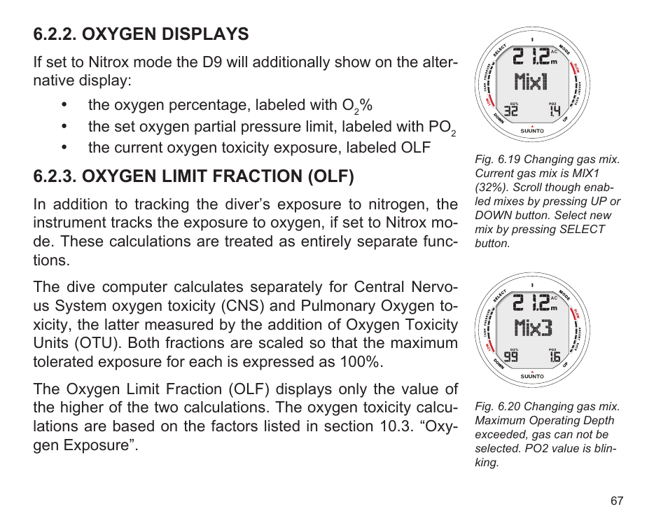 Oxygen displays, Oxygen limit fraction (olf) | SUUNTO D9 User Manual | Page 69 / 122