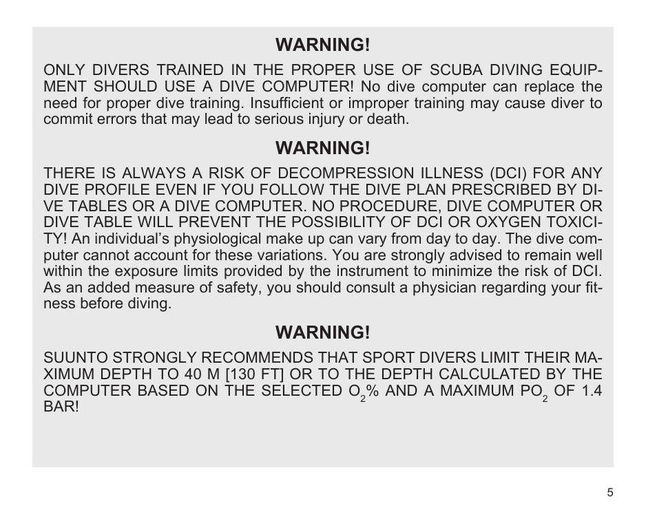 Warning | SUUNTO D9 User Manual | Page 7 / 122