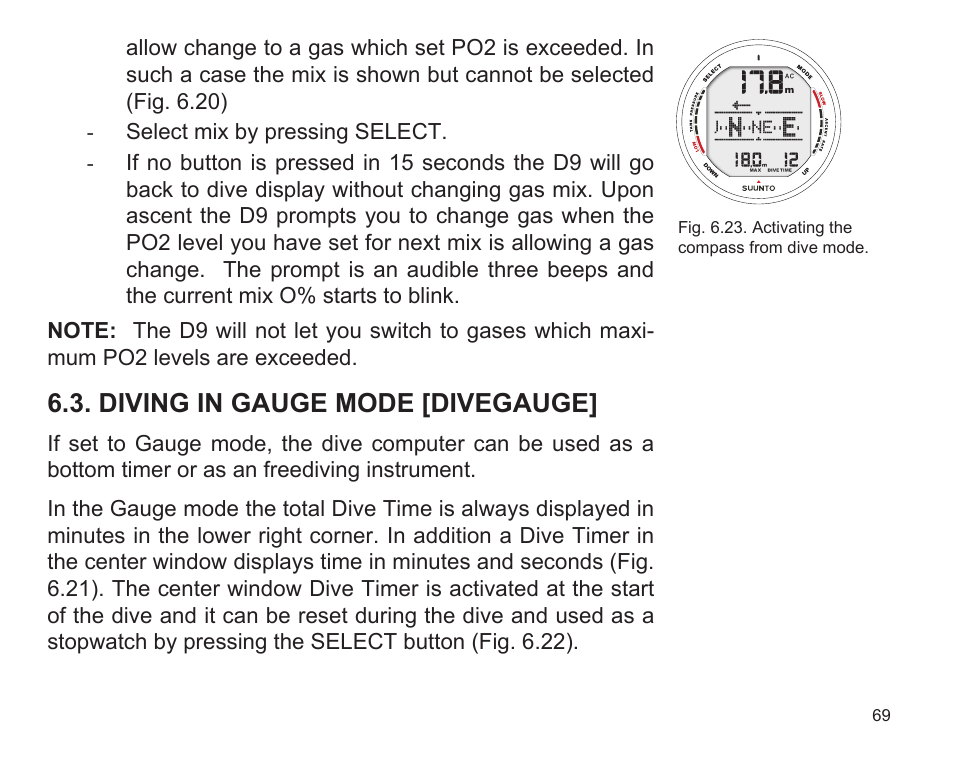 Diving in gauge mode [divegauge | SUUNTO D9 User Manual | Page 71 / 122