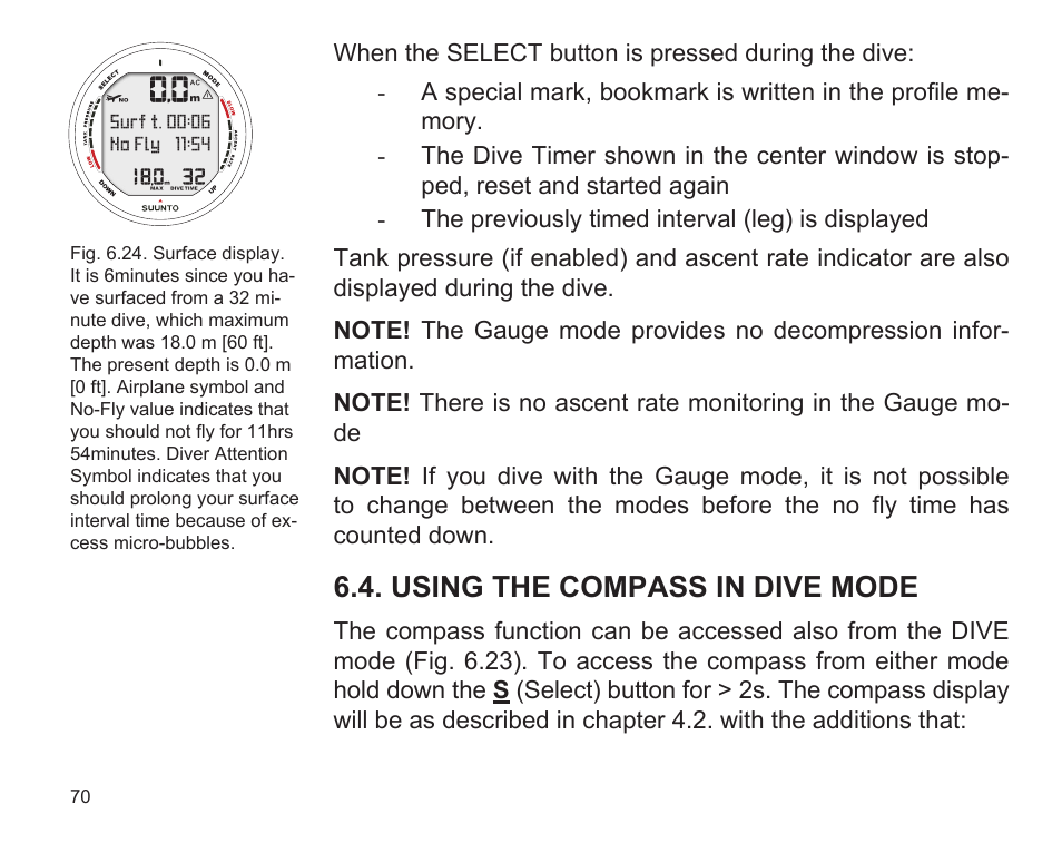 Using the compass in dive mode | SUUNTO D9 User Manual | Page 72 / 122