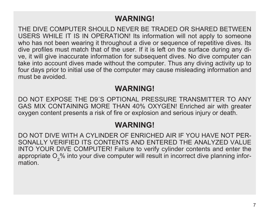 Warning | SUUNTO D9 User Manual | Page 9 / 122