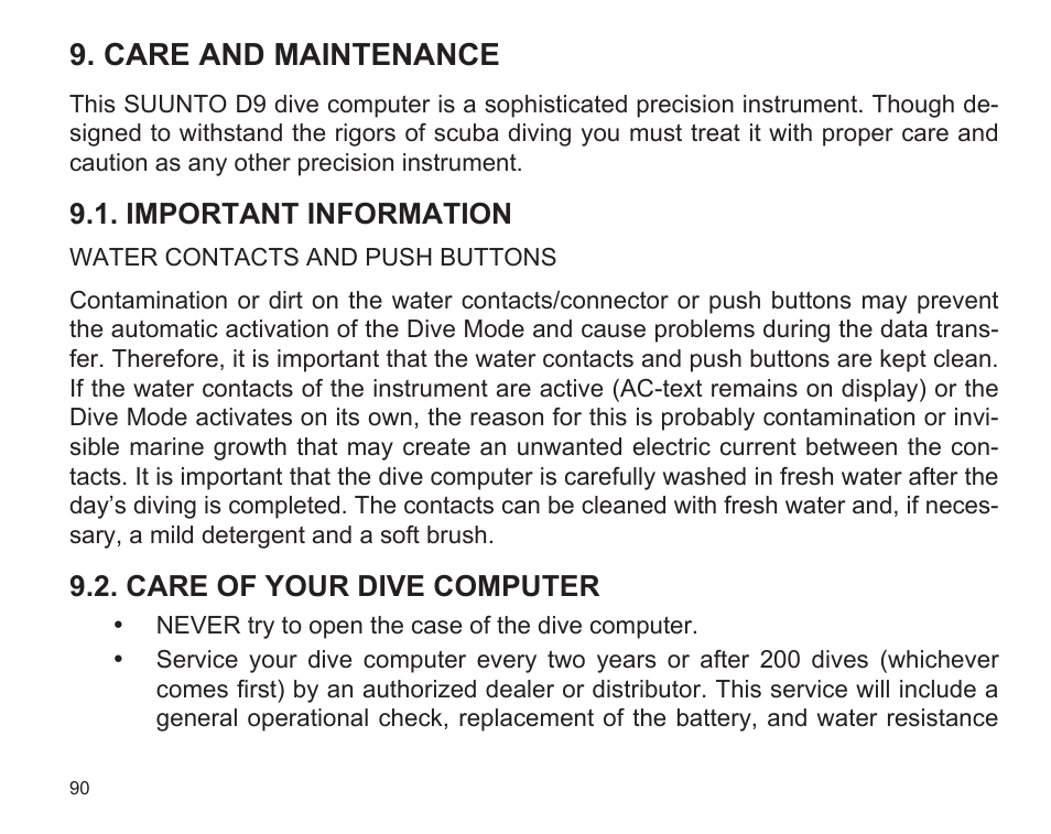 Care and maintenance | SUUNTO D9 User Manual | Page 92 / 122