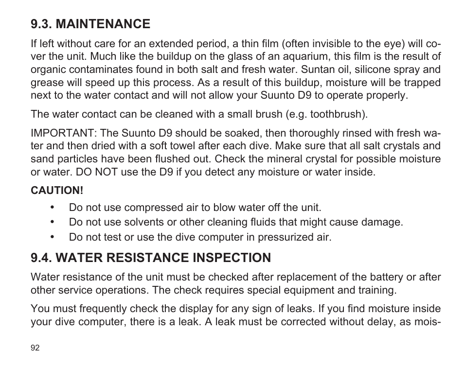 Maintenance, Water resistance inspection | SUUNTO D9 User Manual | Page 94 / 122