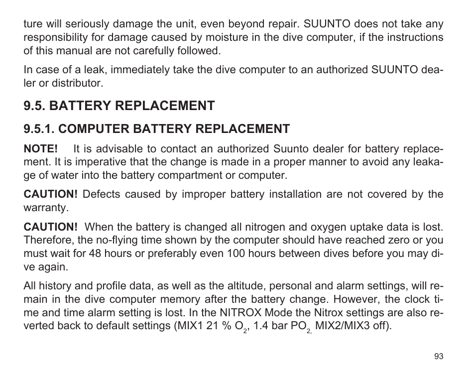 Battery replacement, Computer battery replacement | SUUNTO D9 User Manual | Page 95 / 122