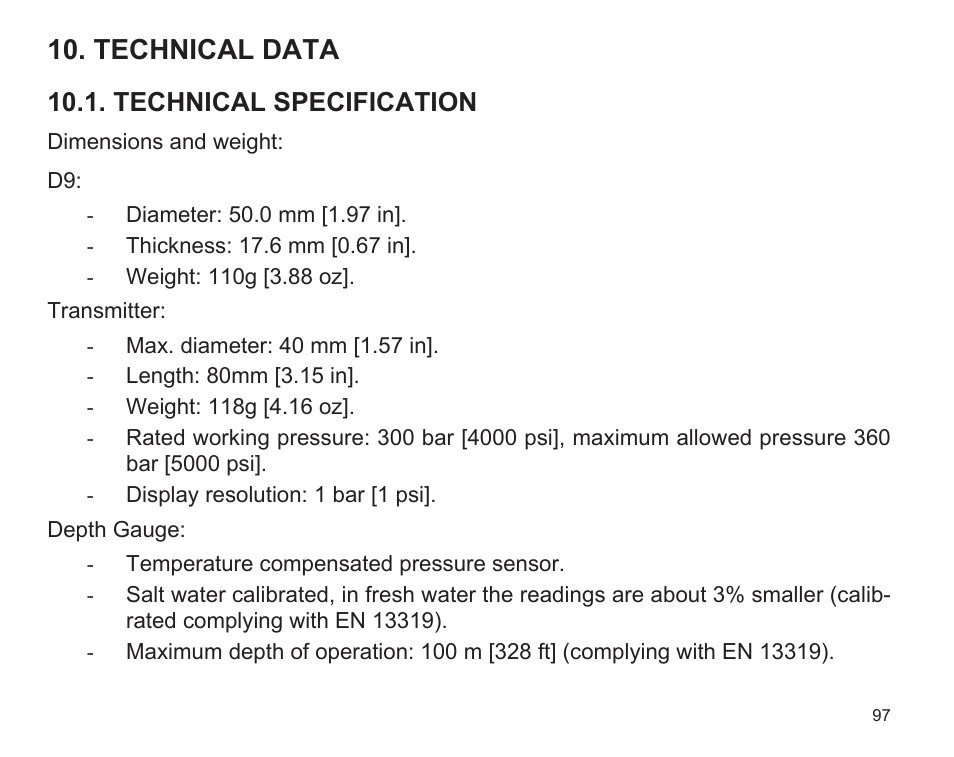 Technical data, Technical specification | SUUNTO D9 User Manual | Page 99 / 122