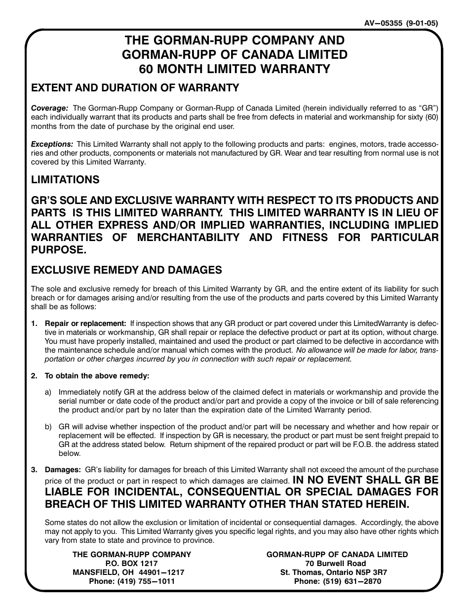 Extent and duration of warranty | Gorman-Rupp Pumps T10A65S-6068T 1413937 and up User Manual | Page 49 / 49
