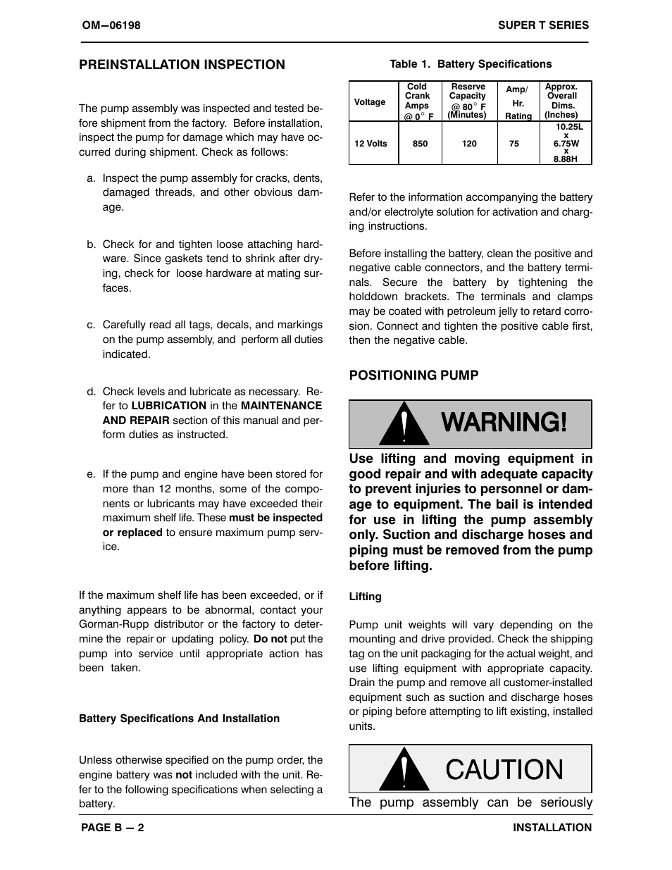 Preinstallation inspection, The pump assembly can be seriously | Gorman-Rupp Pumps T10A65S-6068T 1413937 and up User Manual | Page 9 / 49
