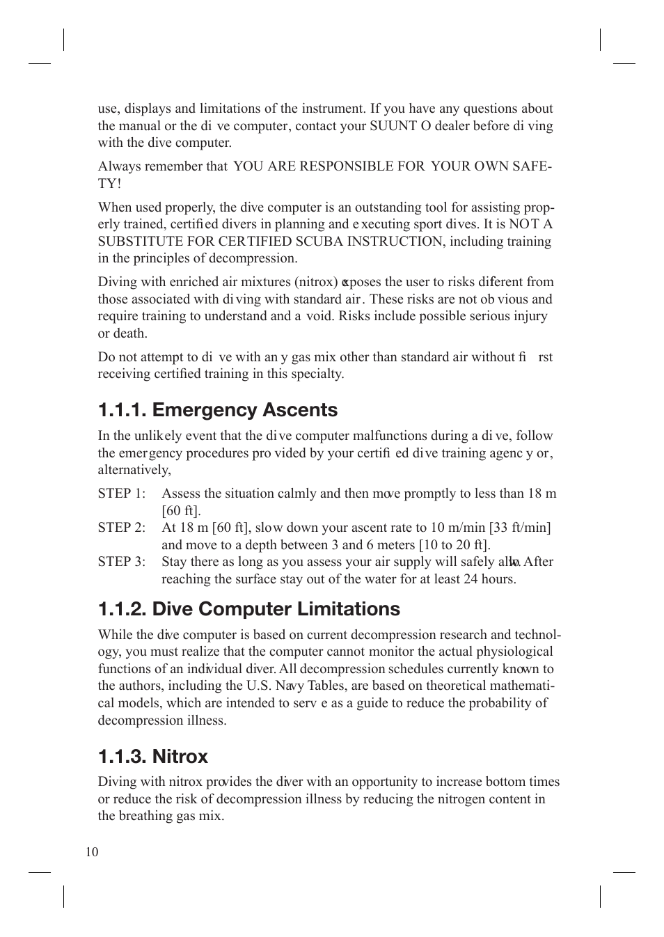 Emergency ascents, Dive computer limitations, Nitrox | SUUNTO Gekko User Manual | Page 12 / 70