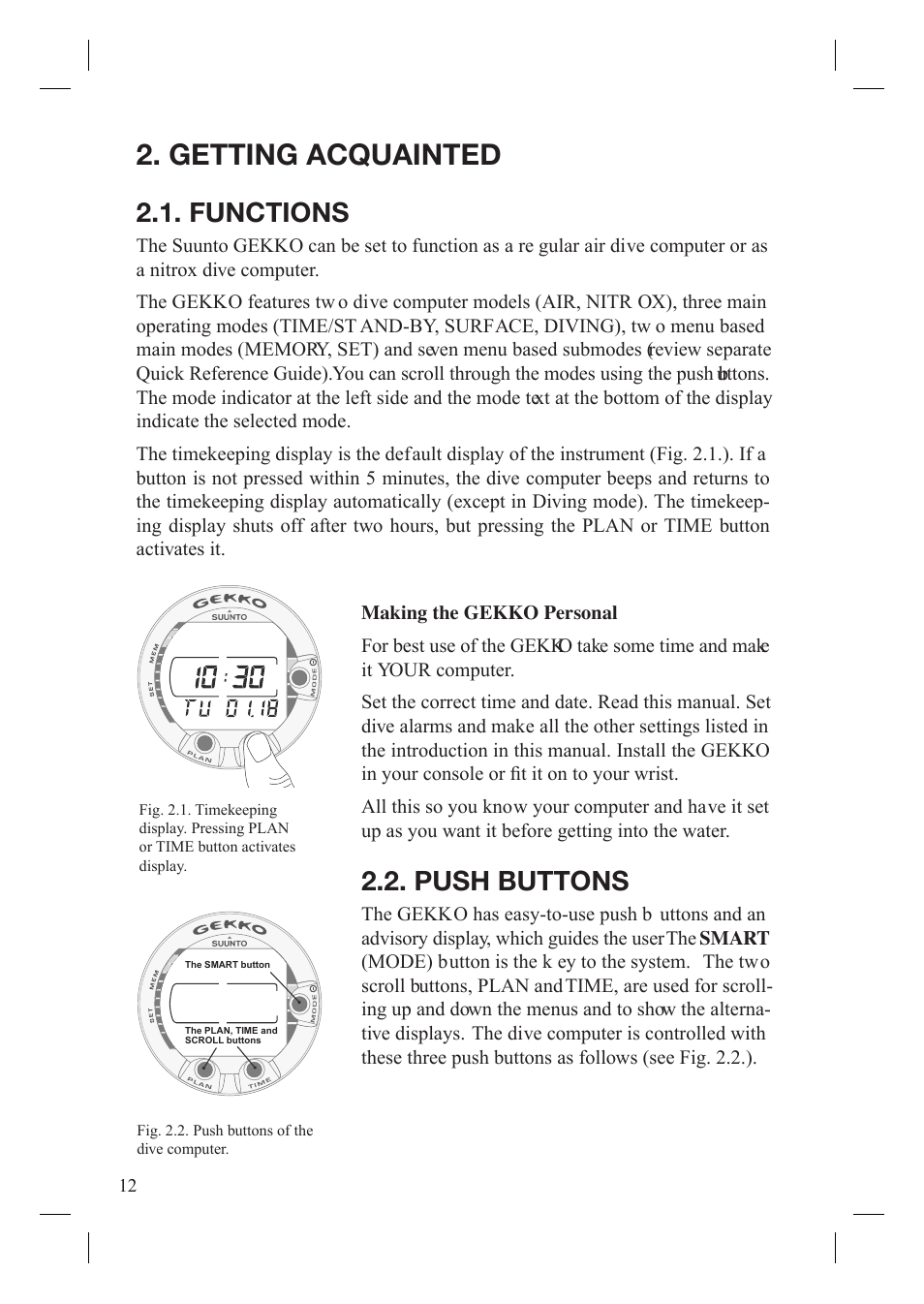 Getting acquainted, Functions, Push buttons | SUUNTO Gekko User Manual | Page 14 / 70