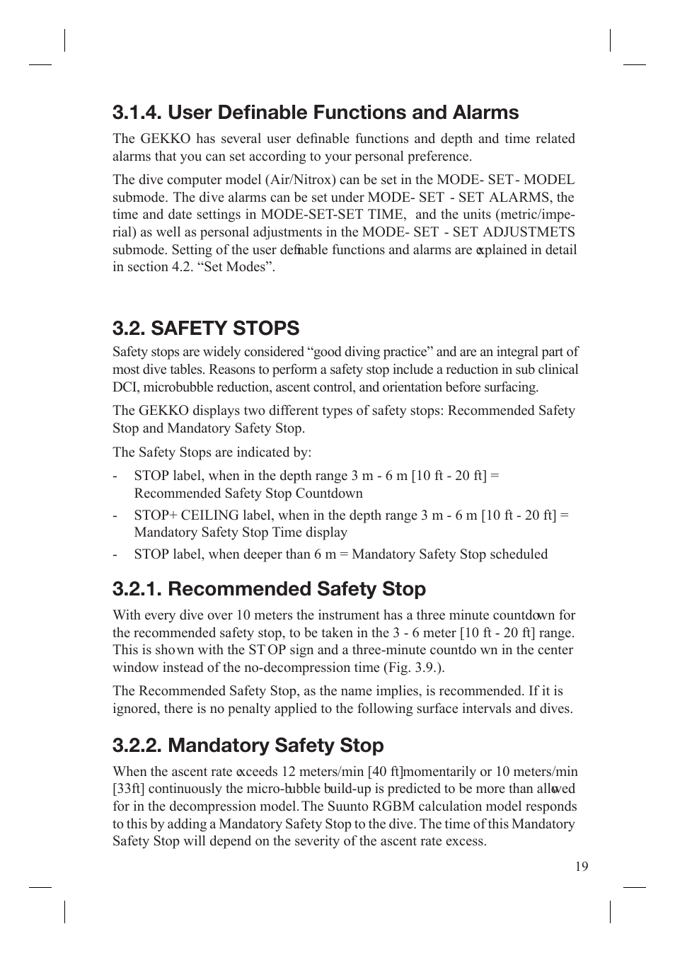 User deﬁ nable functions and alarms, Safety stops, Recommended safety stop | Mandatory safety stop | SUUNTO Gekko User Manual | Page 21 / 70