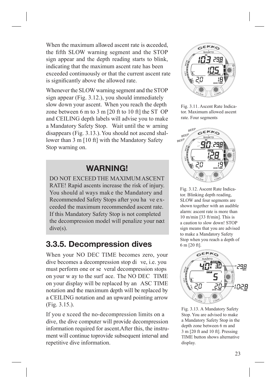 Warning, Decompression dives | SUUNTO Gekko User Manual | Page 25 / 70