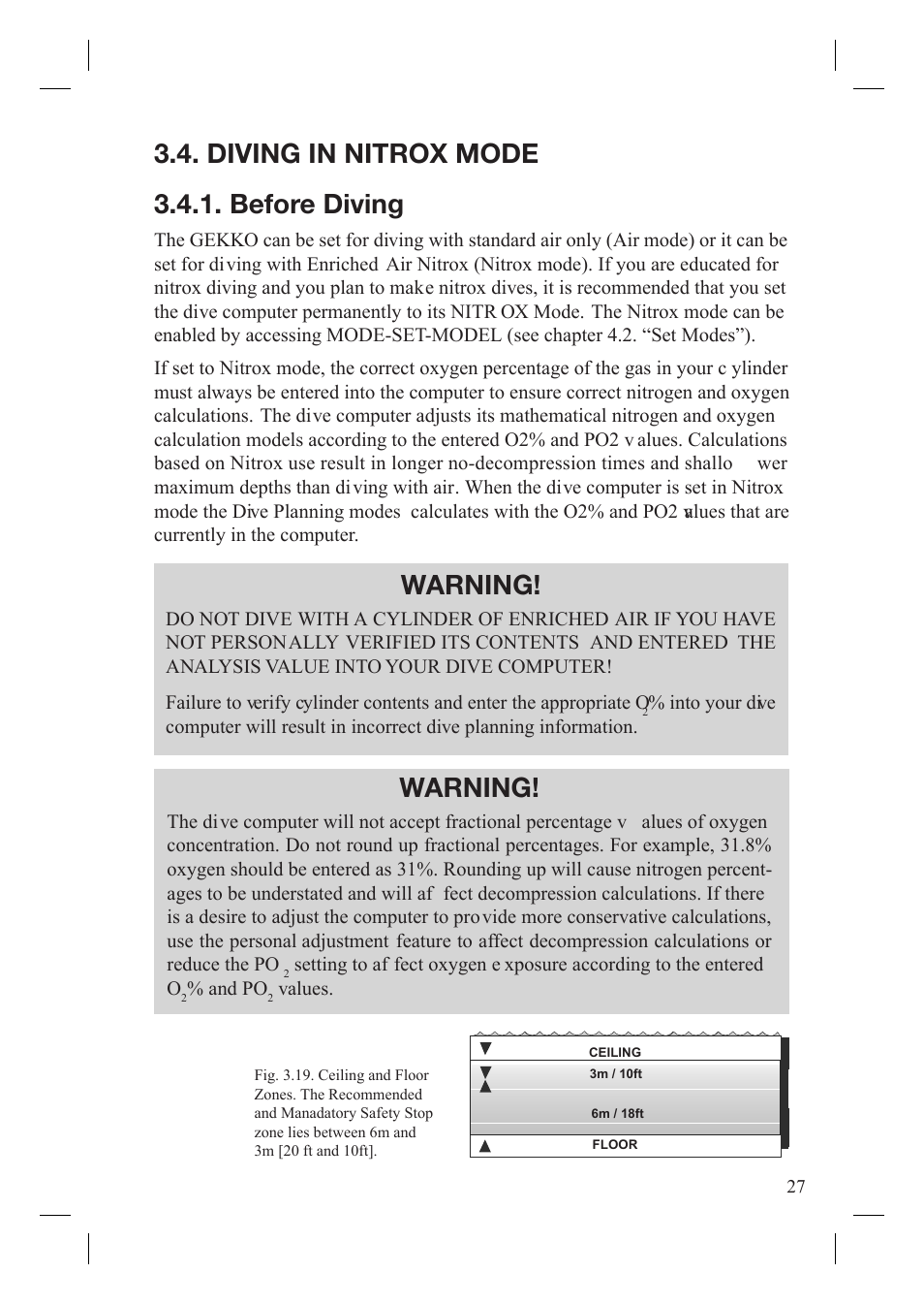 Diving in nitrox mode 3.4.1. before diving, Warning | SUUNTO Gekko User Manual | Page 29 / 70