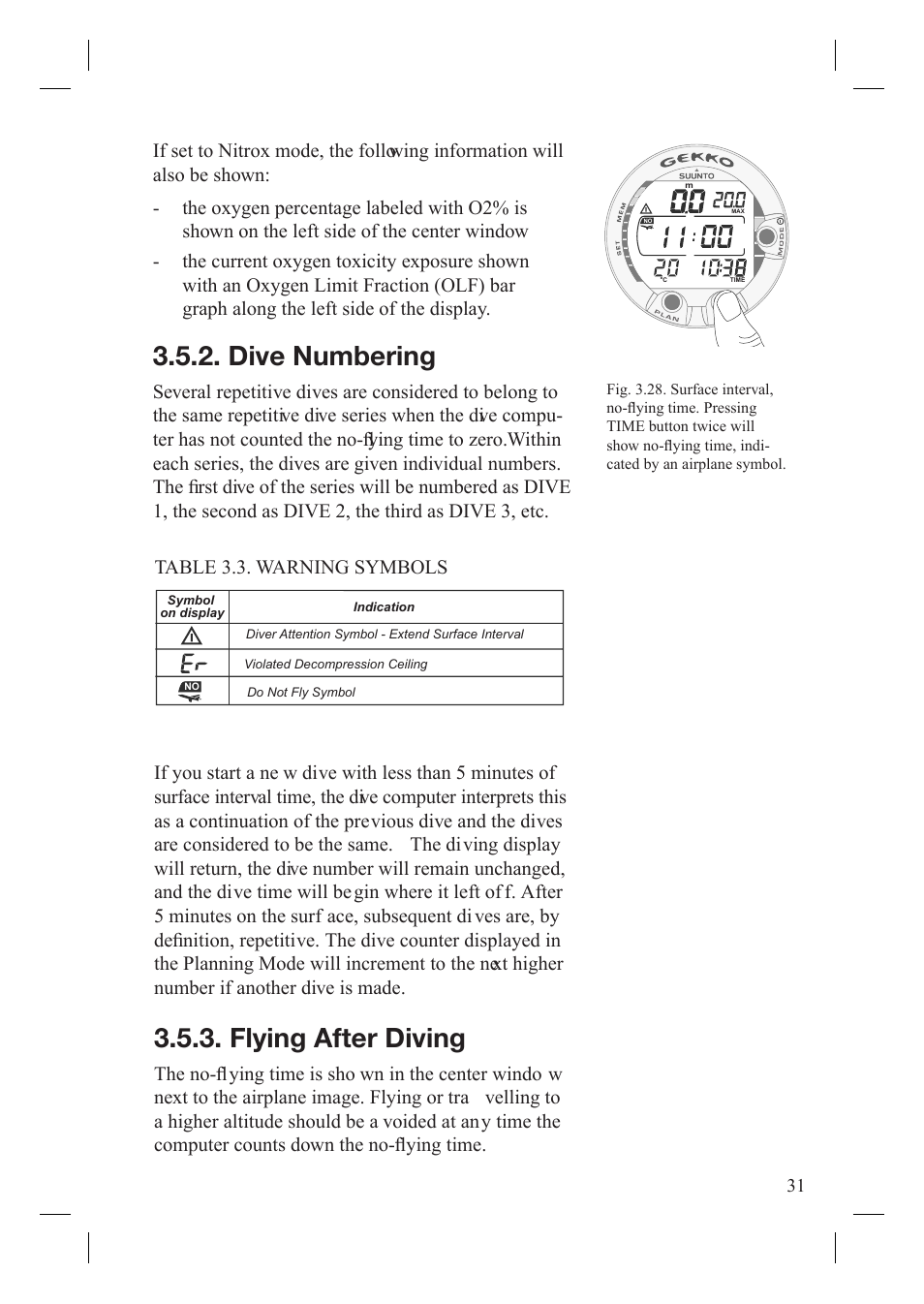 Dive numbering, Flying after diving | SUUNTO Gekko User Manual | Page 33 / 70