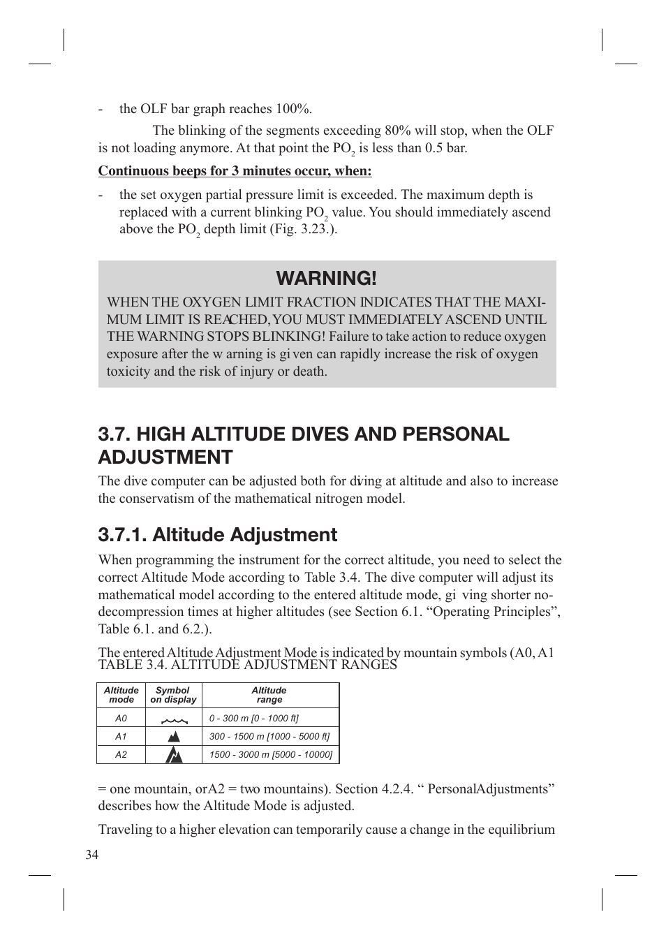 Warning, High altitude dives and personal adjustment, Altitude adjustment | SUUNTO Gekko User Manual | Page 36 / 70