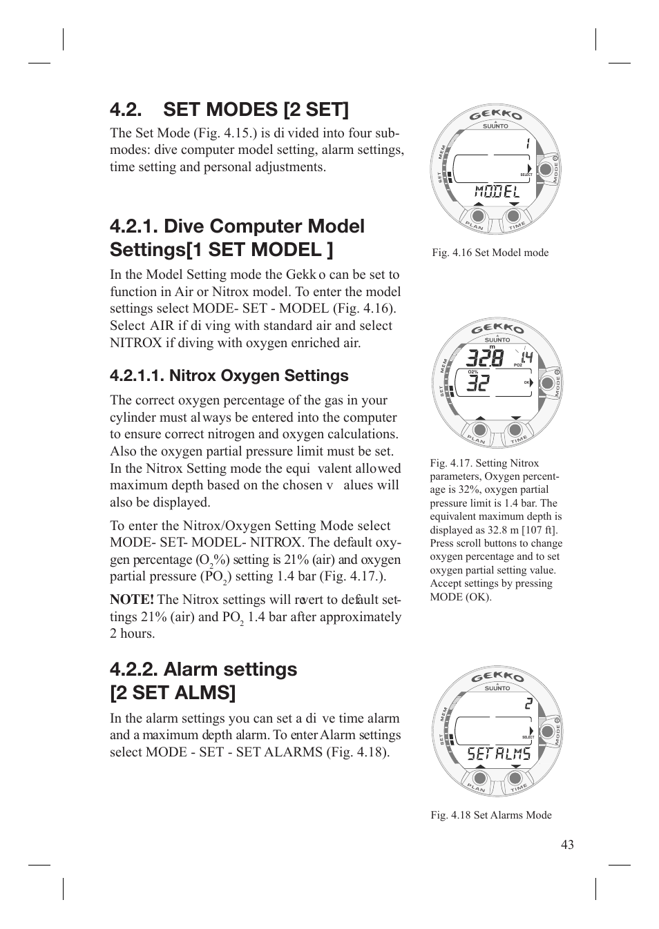 Set modes [2 set, Dive computer model settings[1 set model, Alarm settings [2 set alms | Nitrox oxygen settings | SUUNTO Gekko User Manual | Page 45 / 70