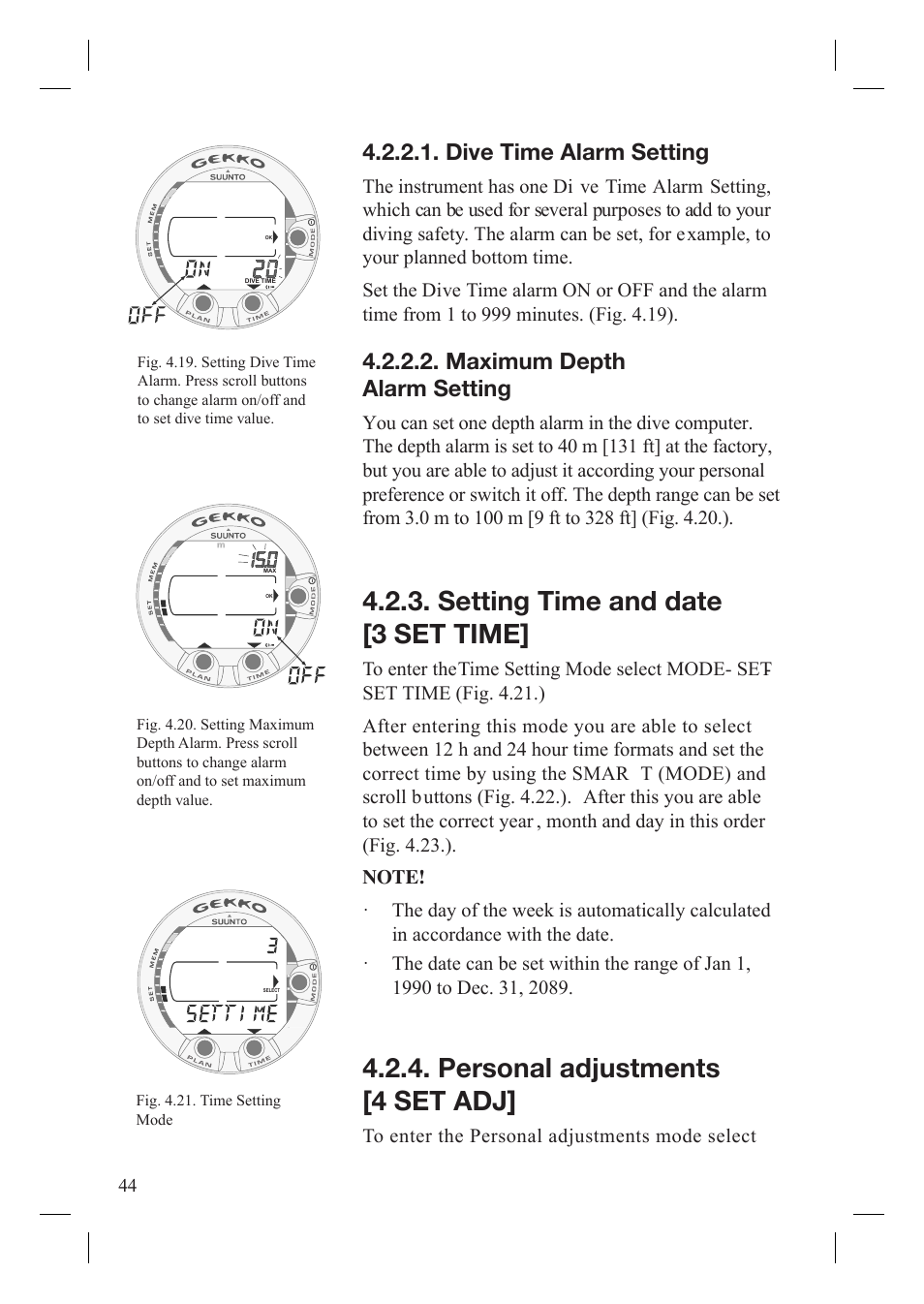 Setting time and date [3 set time, Personal adjustments [4 set adj, Dive time alarm setting | Maximum depth alarm setting | SUUNTO Gekko User Manual | Page 46 / 70