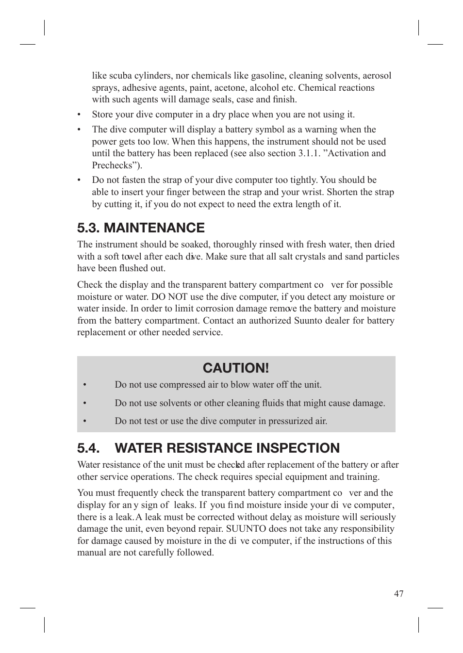 Maintenance, Caution, Water resistance inspection | SUUNTO Gekko User Manual | Page 49 / 70