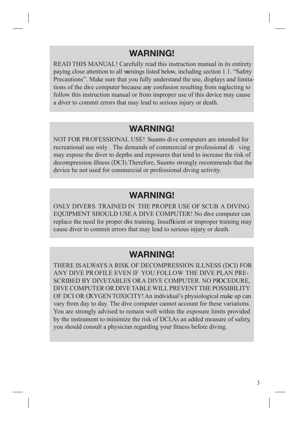 Warning | SUUNTO Gekko User Manual | Page 5 / 70