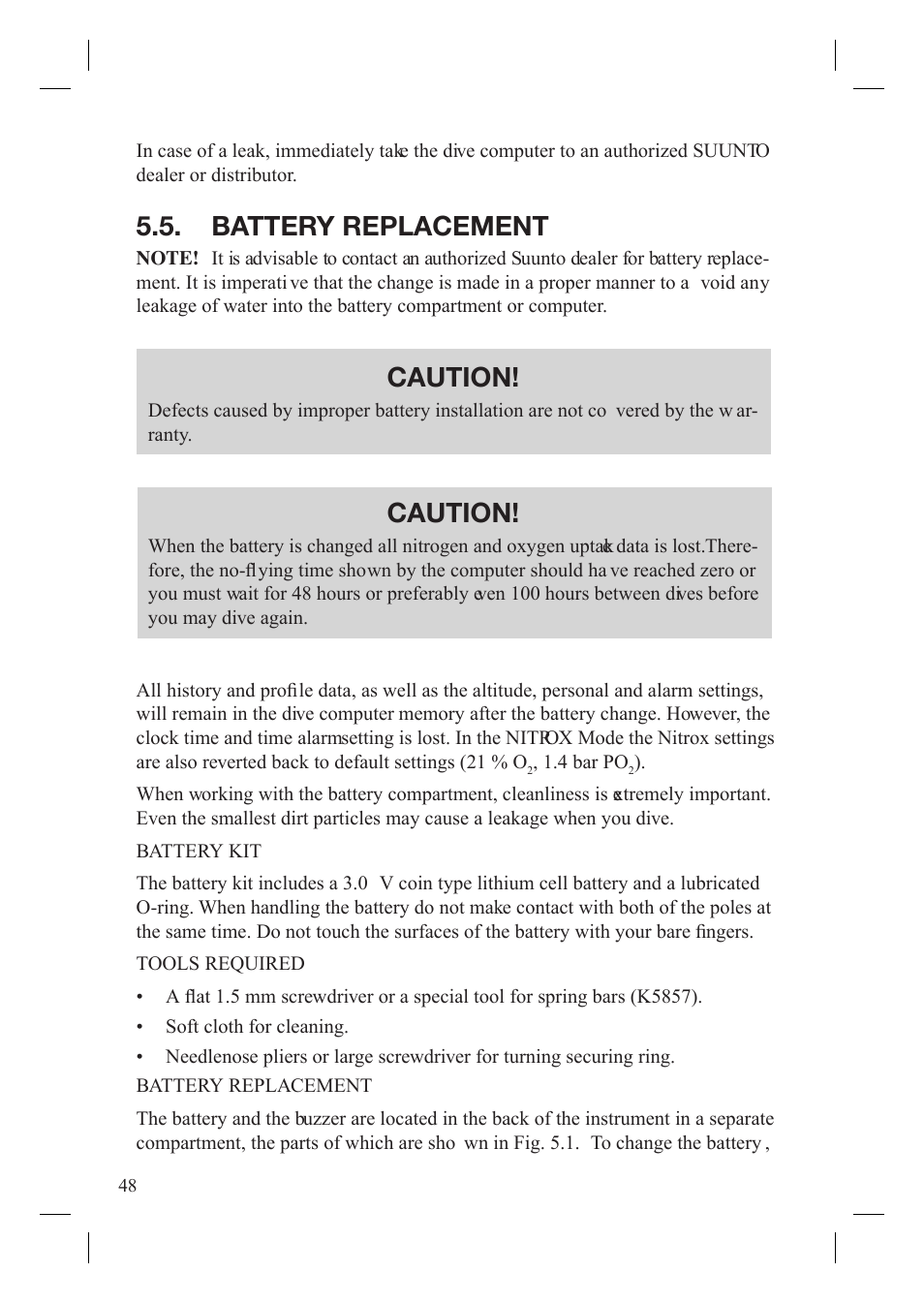 Battery replacement, Caution | SUUNTO Gekko User Manual | Page 50 / 70