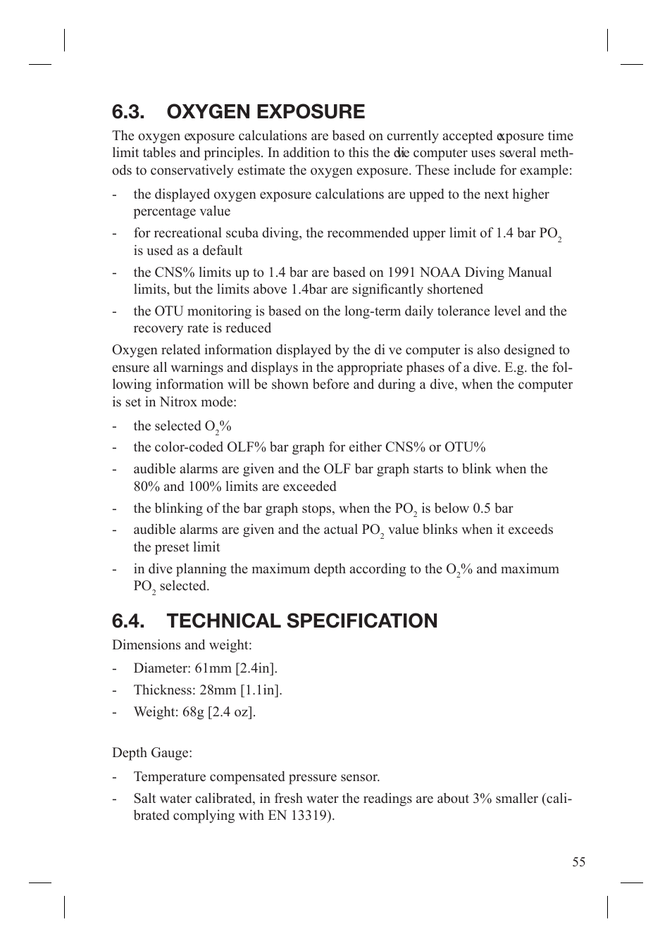 Oxygen exposure, Technical specification | SUUNTO Gekko User Manual | Page 57 / 70