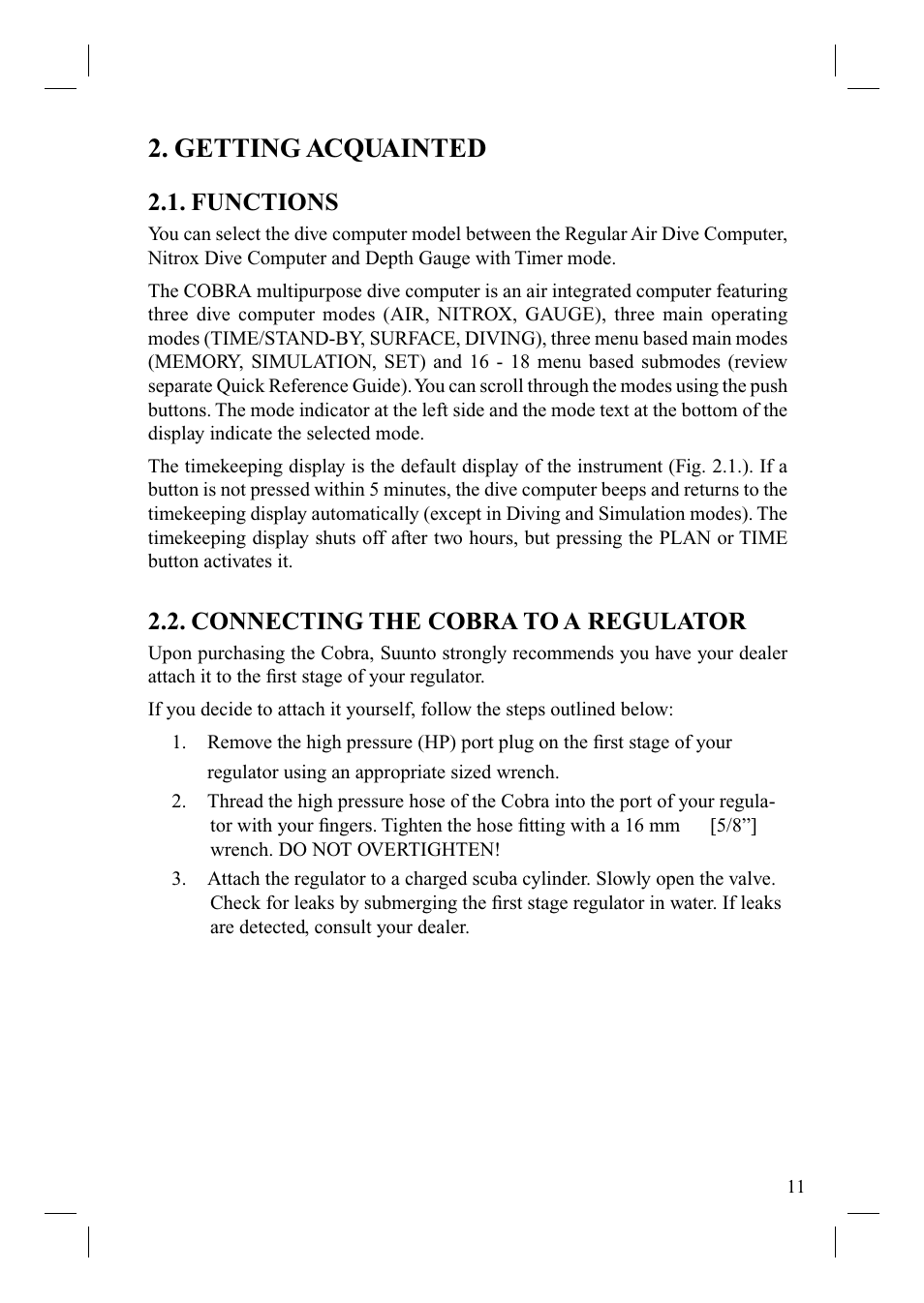 Getting acquainted, Functions, Connecting the cobra to a regulator | SUUNTO Cobra User Manual | Page 13 / 78