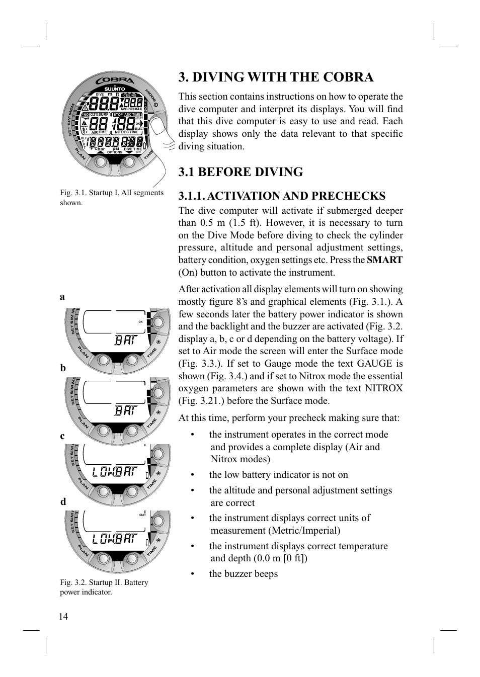 Diving with the cobra, 1 before diving, Activation and prechecks | Ab c d | SUUNTO Cobra User Manual | Page 16 / 78