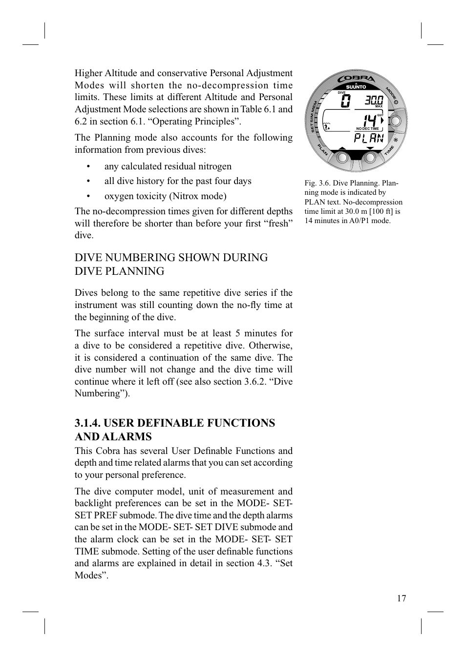 Dive numbering shown during dive planning, User definable functions and alarms | SUUNTO Cobra User Manual | Page 19 / 78