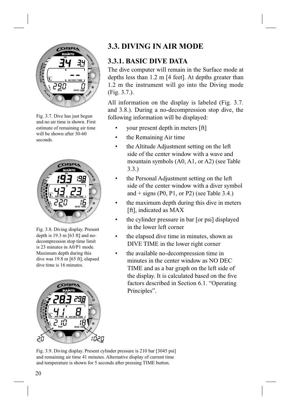 Diving in air mode, Basic dive data | SUUNTO Cobra User Manual | Page 22 / 78
