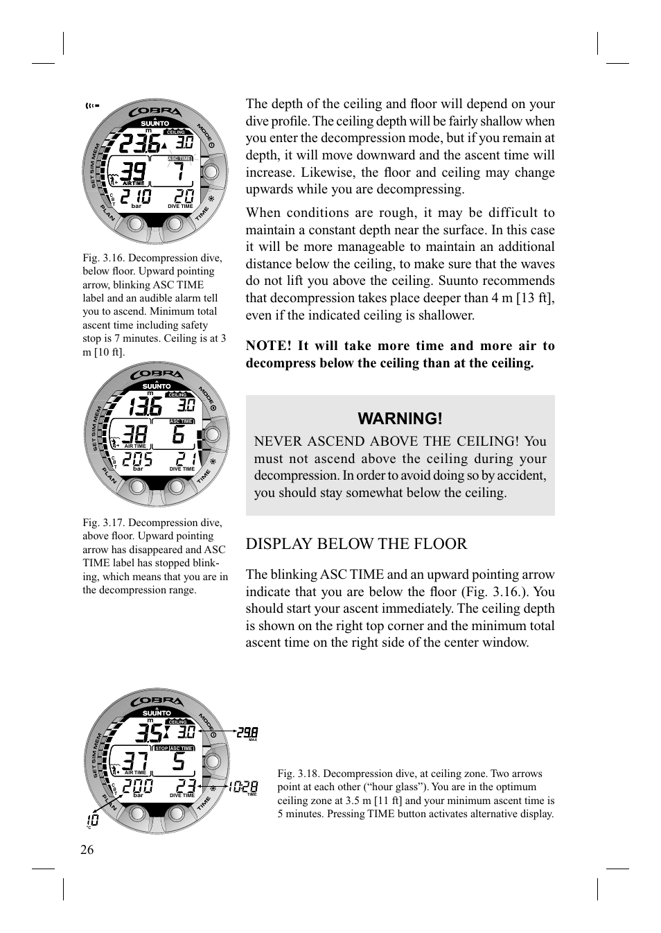 Warning, Display below the floor | SUUNTO Cobra User Manual | Page 28 / 78