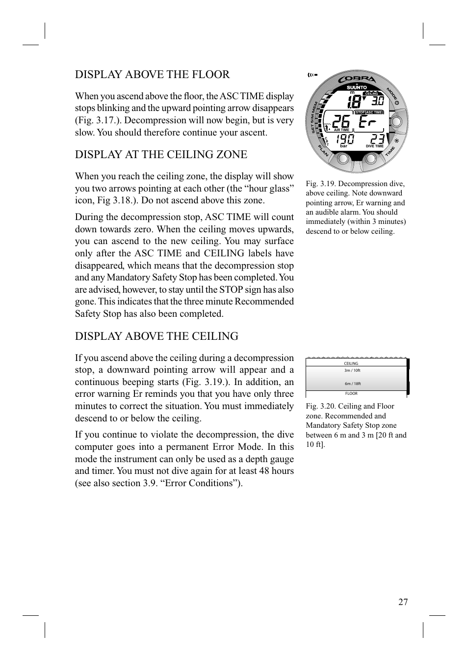 Display above the floor, Display at the ceiling zone, Display above the ceiling | SUUNTO Cobra User Manual | Page 29 / 78