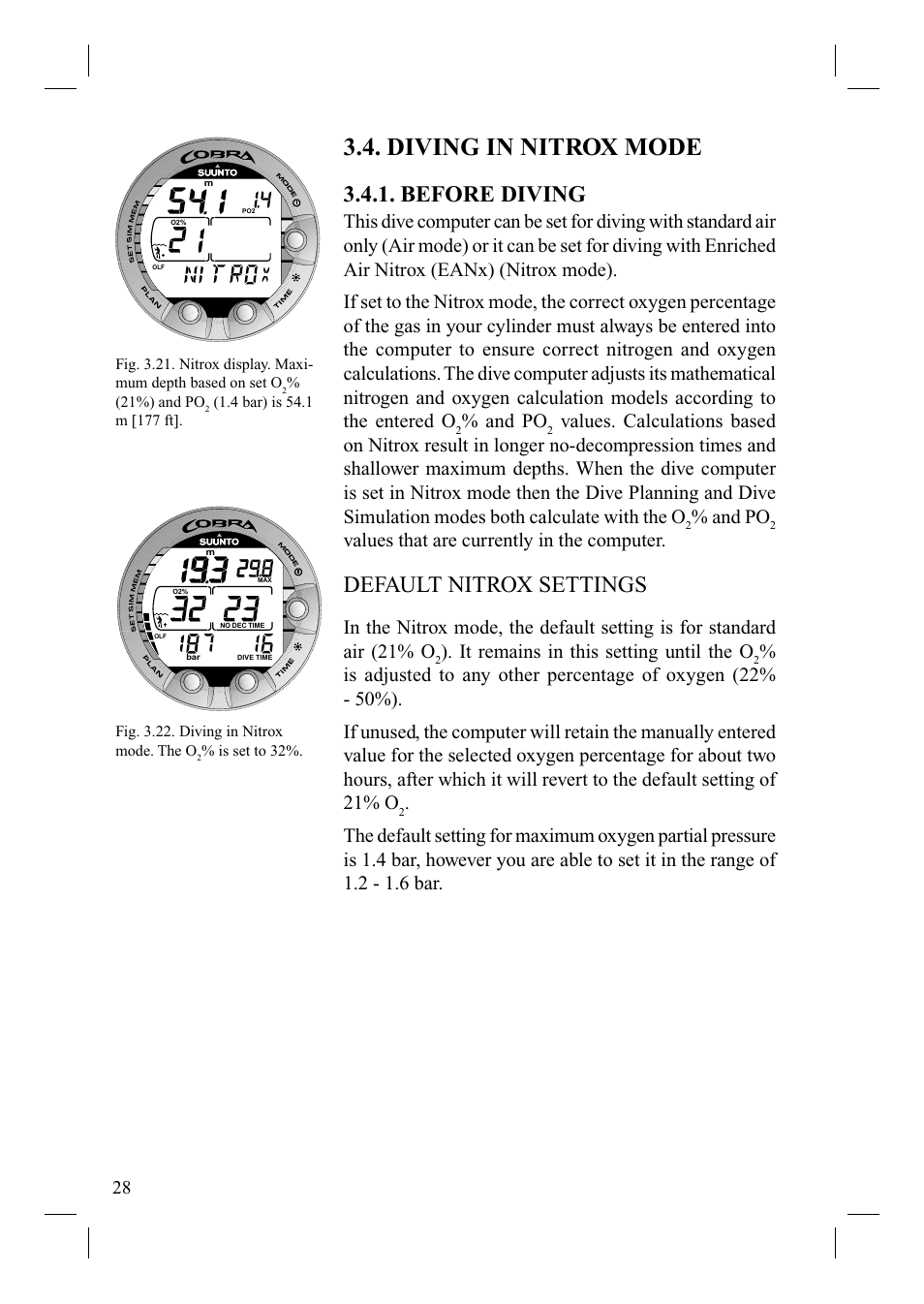 Diving in nitrox mode, Before diving, Default nitrox settings | And po, Values that are currently in the computer, It remains in this setting until the o | SUUNTO Cobra User Manual | Page 30 / 78
