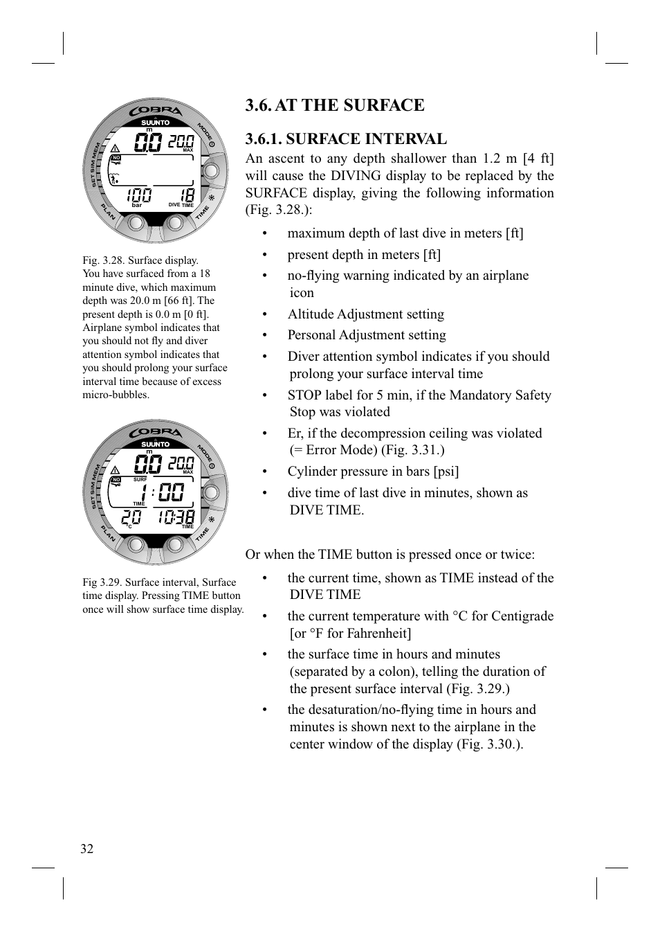 At the surface, Surface interval | SUUNTO Cobra User Manual | Page 34 / 78