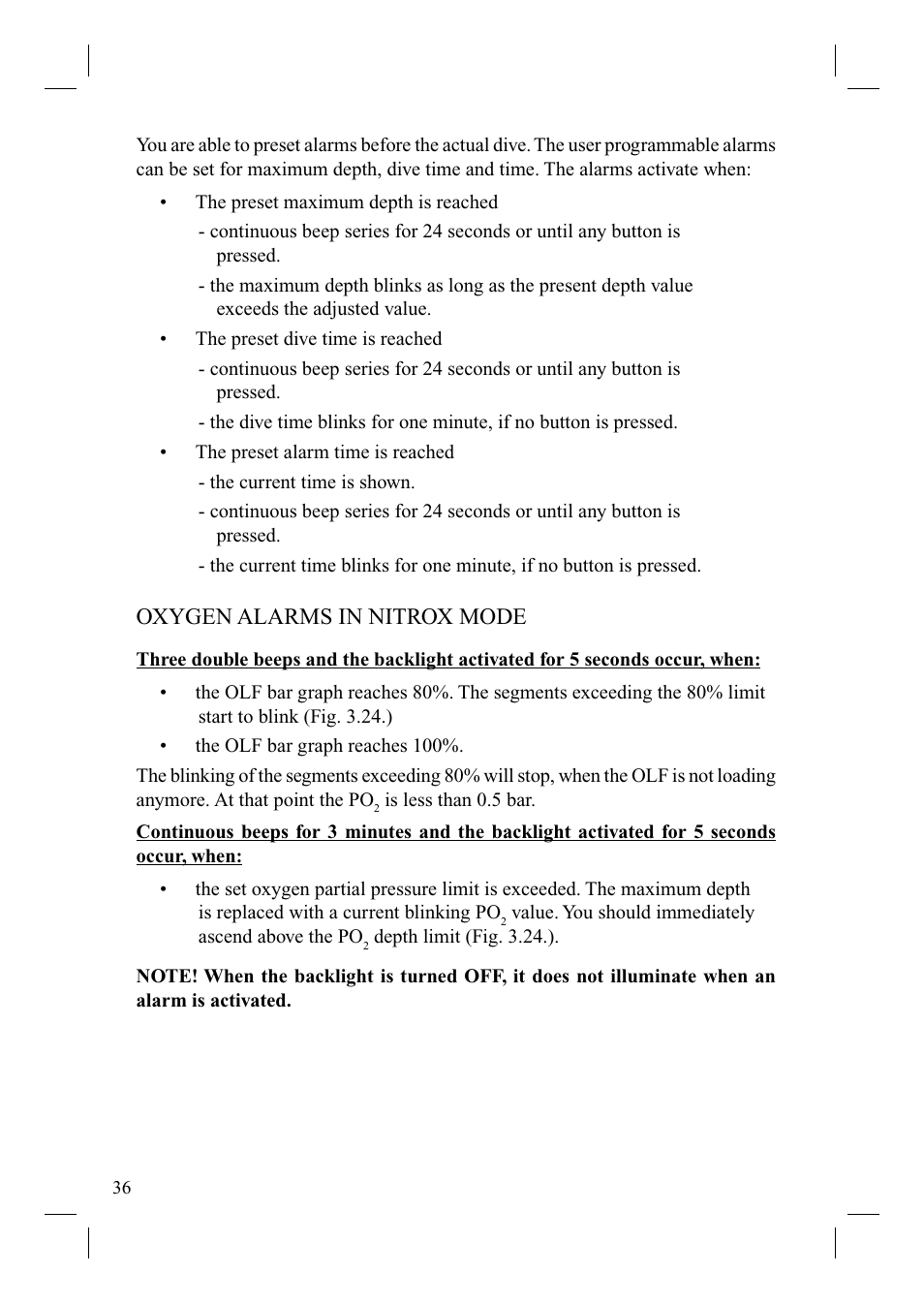 Oxygen alarms in nitrox mode | SUUNTO Cobra User Manual | Page 38 / 78