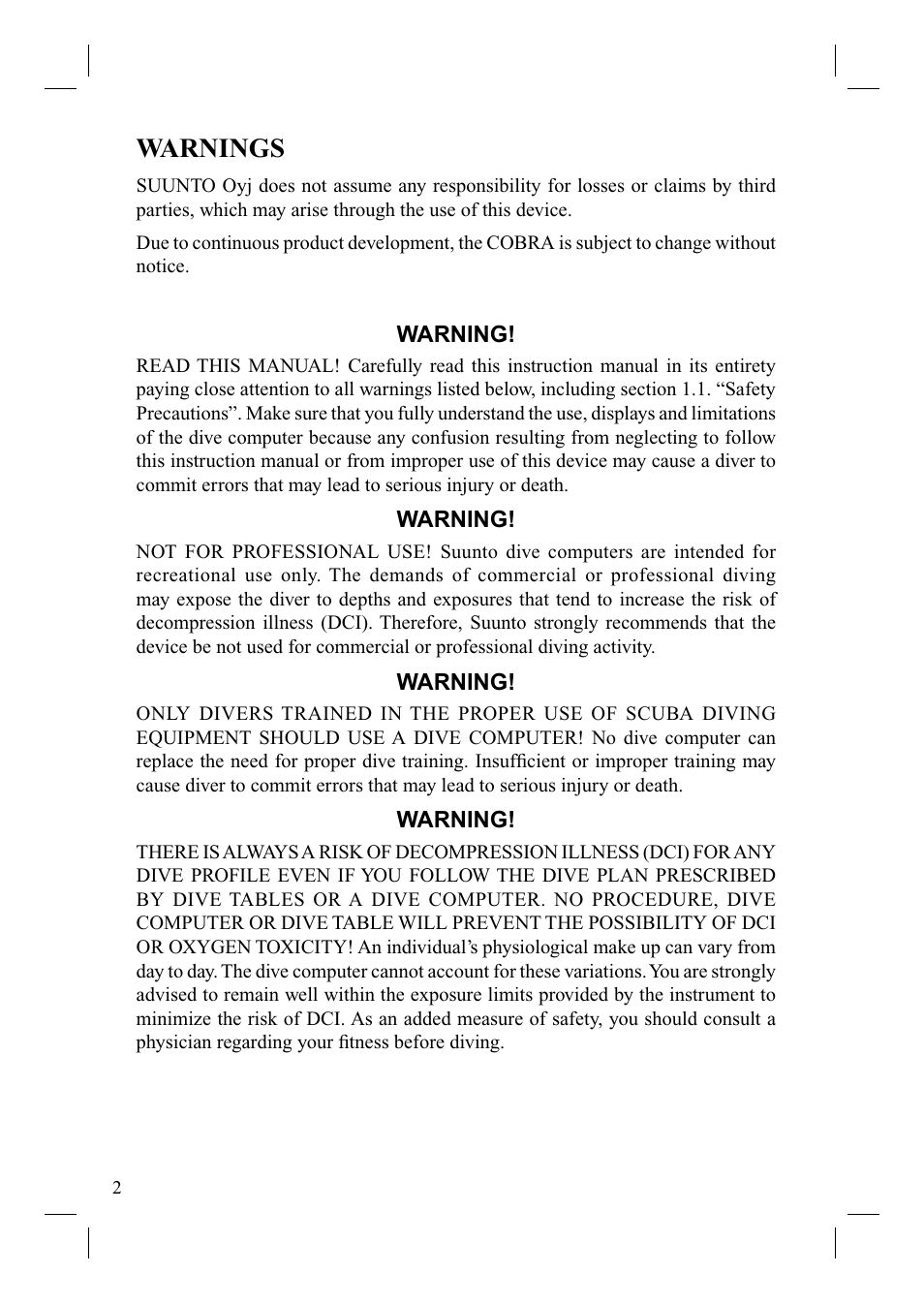 Warnings | SUUNTO Cobra User Manual | Page 4 / 78
