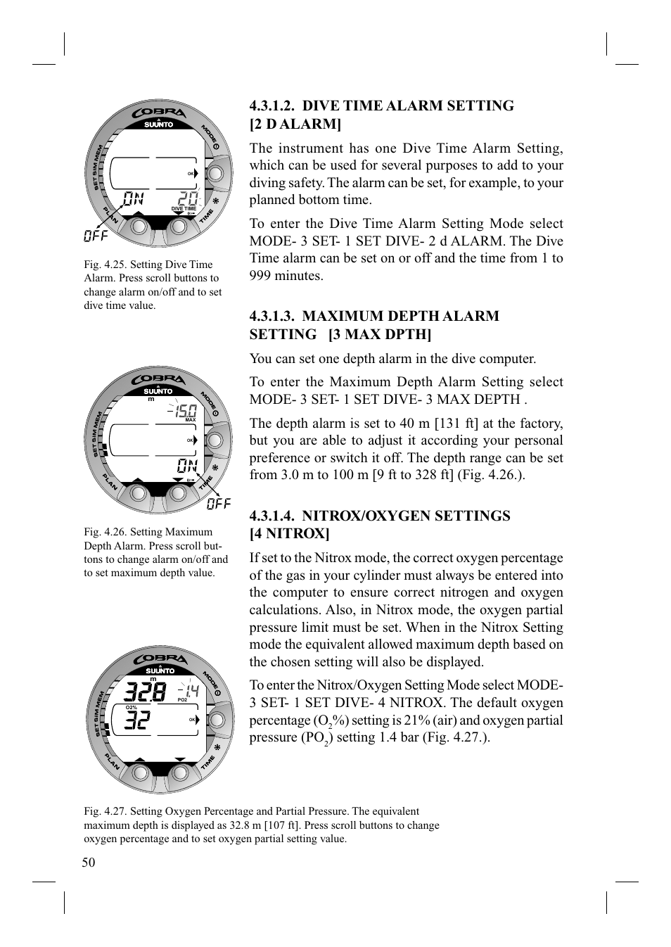 Dive time alarm setting [2 d alarm, Maximum depth alarm setting [3 max dpth, Nitrox/oxygen settings [4 nitrox | SUUNTO Cobra User Manual | Page 52 / 78