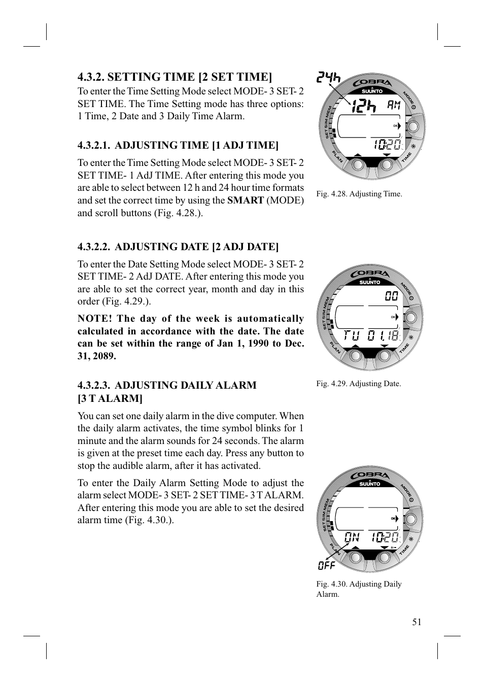 Setting time [2 set time, Adjusting time [1 adj time, Adjusting date [2 adj date | Adjusting daily alarm [3 t alarm | SUUNTO Cobra User Manual | Page 53 / 78