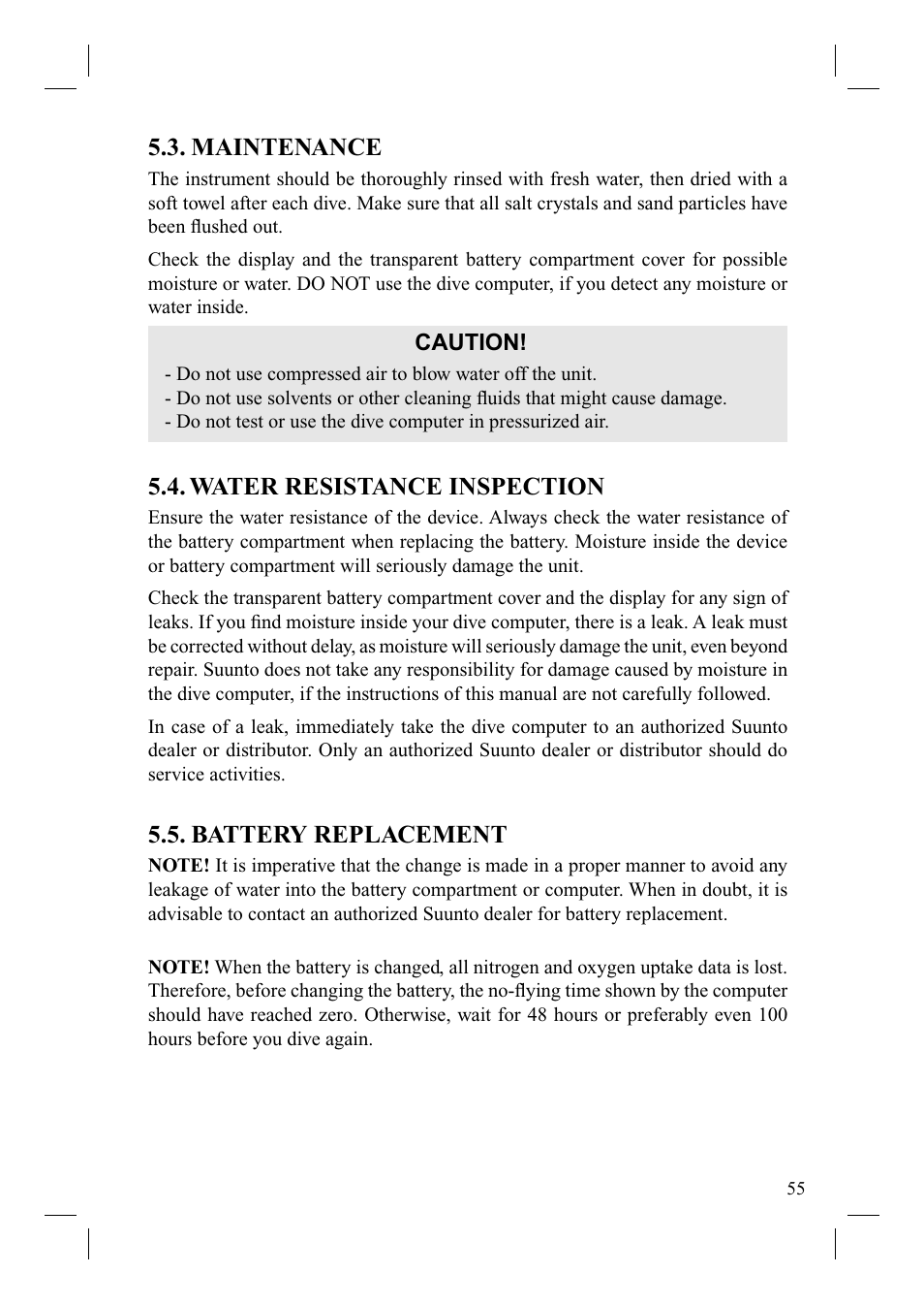 Maintenance, Water resistance inspection, Battery replacement | SUUNTO Cobra User Manual | Page 57 / 78