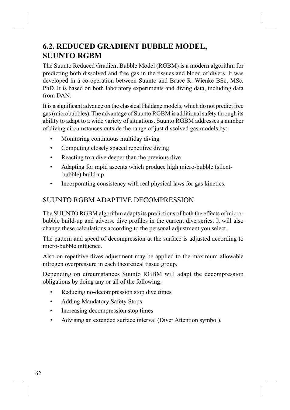 Reduced gradient bubble model, suunto rgbm | SUUNTO Cobra User Manual | Page 64 / 78
